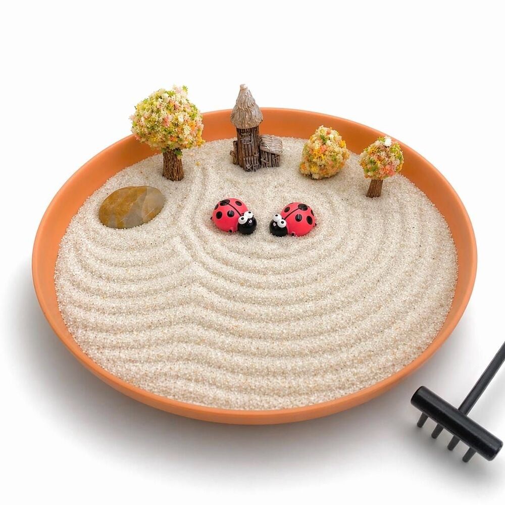 Miniature Zen Garden with Ladybug Figurines, Fairy Cottage, and Flowering Trees